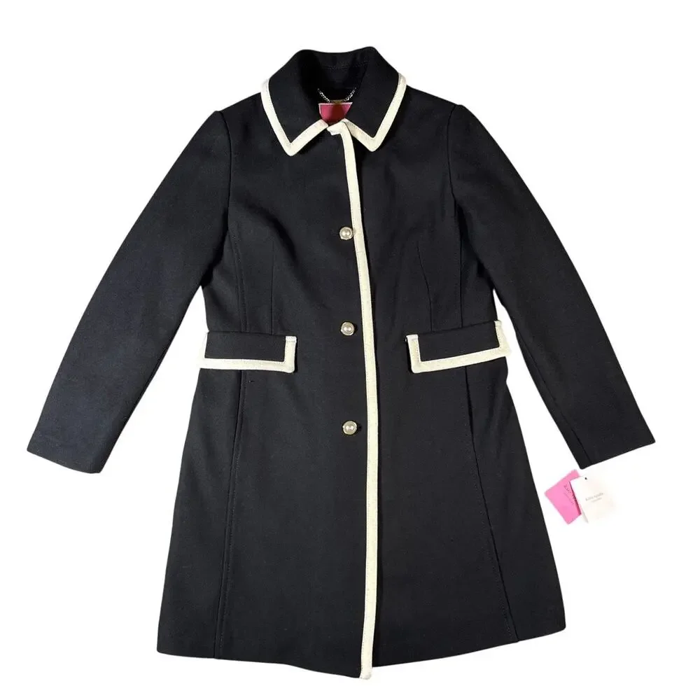 Kate Spade Wool Walker Overcoat Womens‎ Medium 6-8 Framed Aline Black Cream